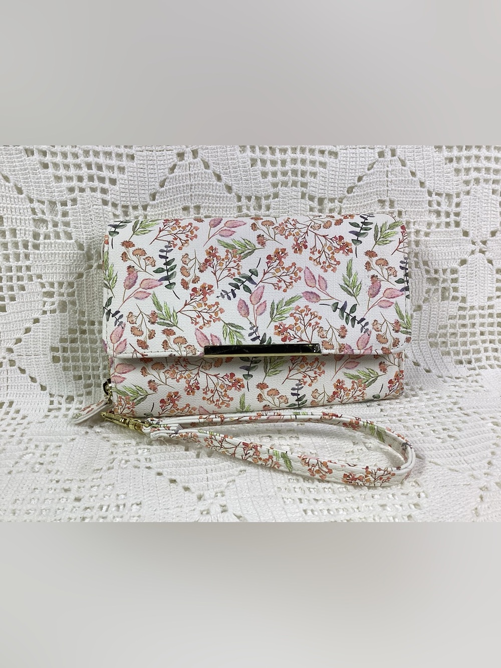 Floral Print Wristlet Clutch - White with Pink & Green